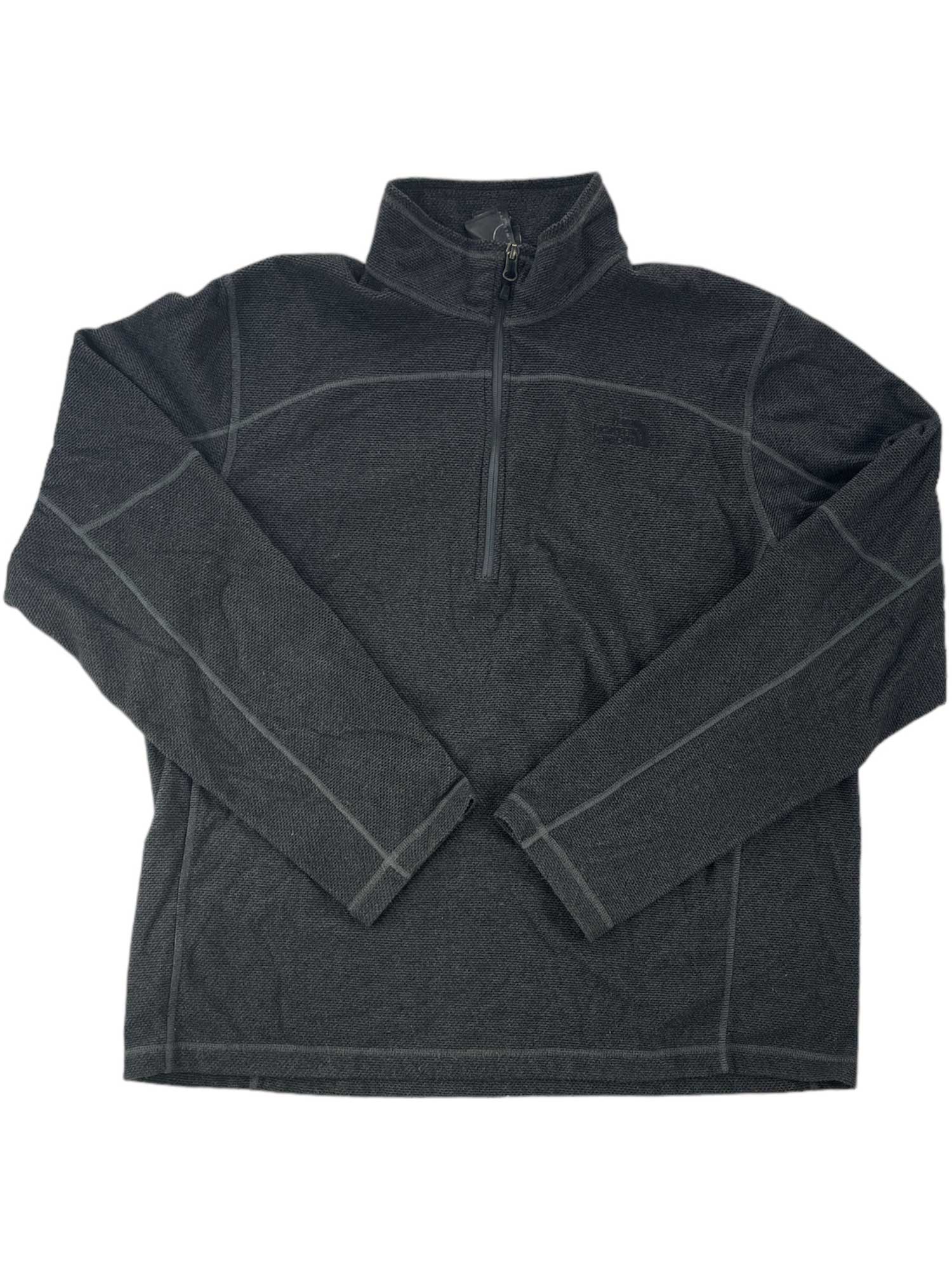 The North Face Mens Textured Cap Rock 1/4 Zip Fleece in dark gray with a mock neck and light gray seam accents, made from recycled polyester, is shown laid flat on a white background.
