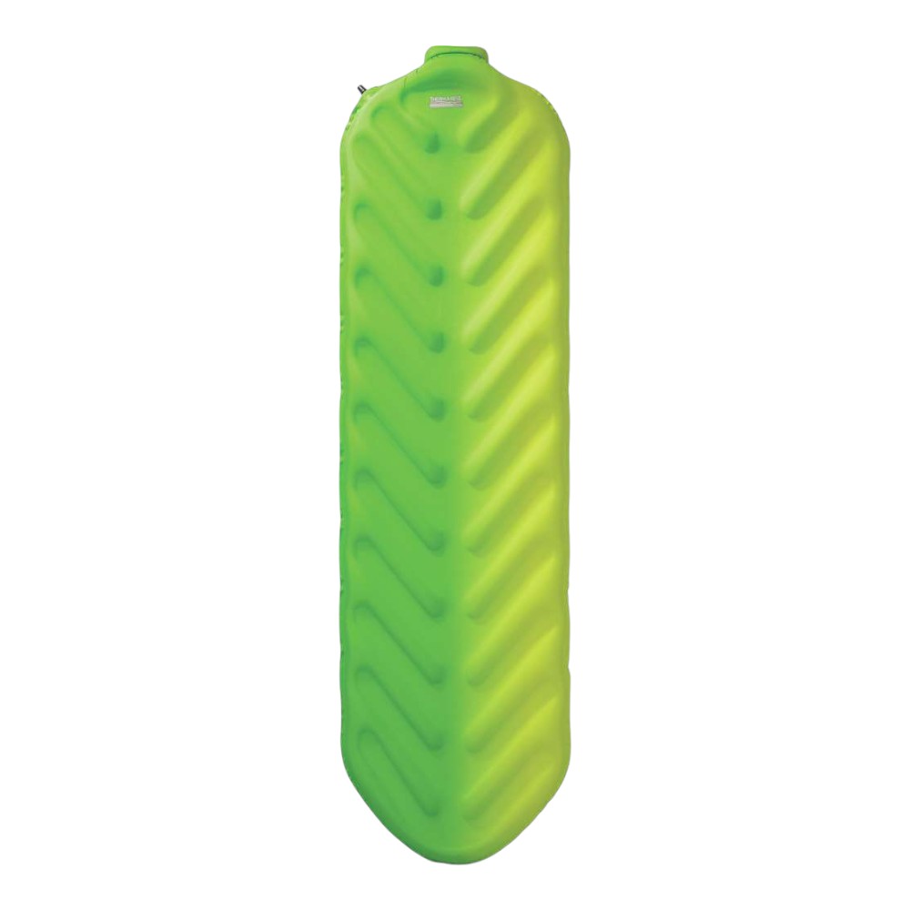 The Therm-a-Rest Trail King SV Mattress is a bright green outdoor sleeping pad with a zigzag pattern, rounded corners, and an easy-inflate valve at the top left—ideal as a camping mattress for your next adventure.