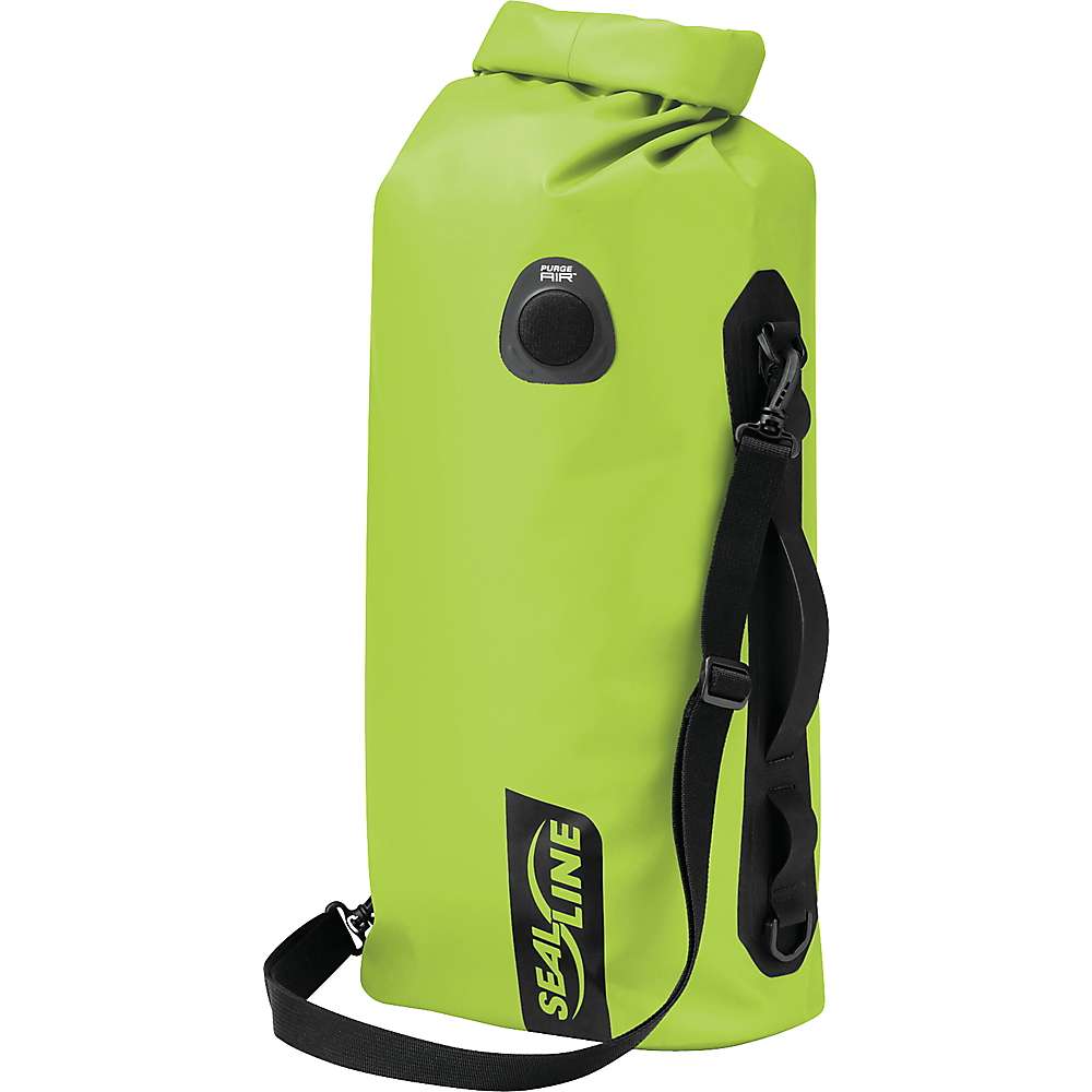 The SealLine Discovery Deck Dry Bag is a bright green, waterproof bag with a black adjustable shoulder strap, roll-top closure, round PurgeAir Valve, and SealLine logo—ideal for keeping gear dry during outdoor adventures.