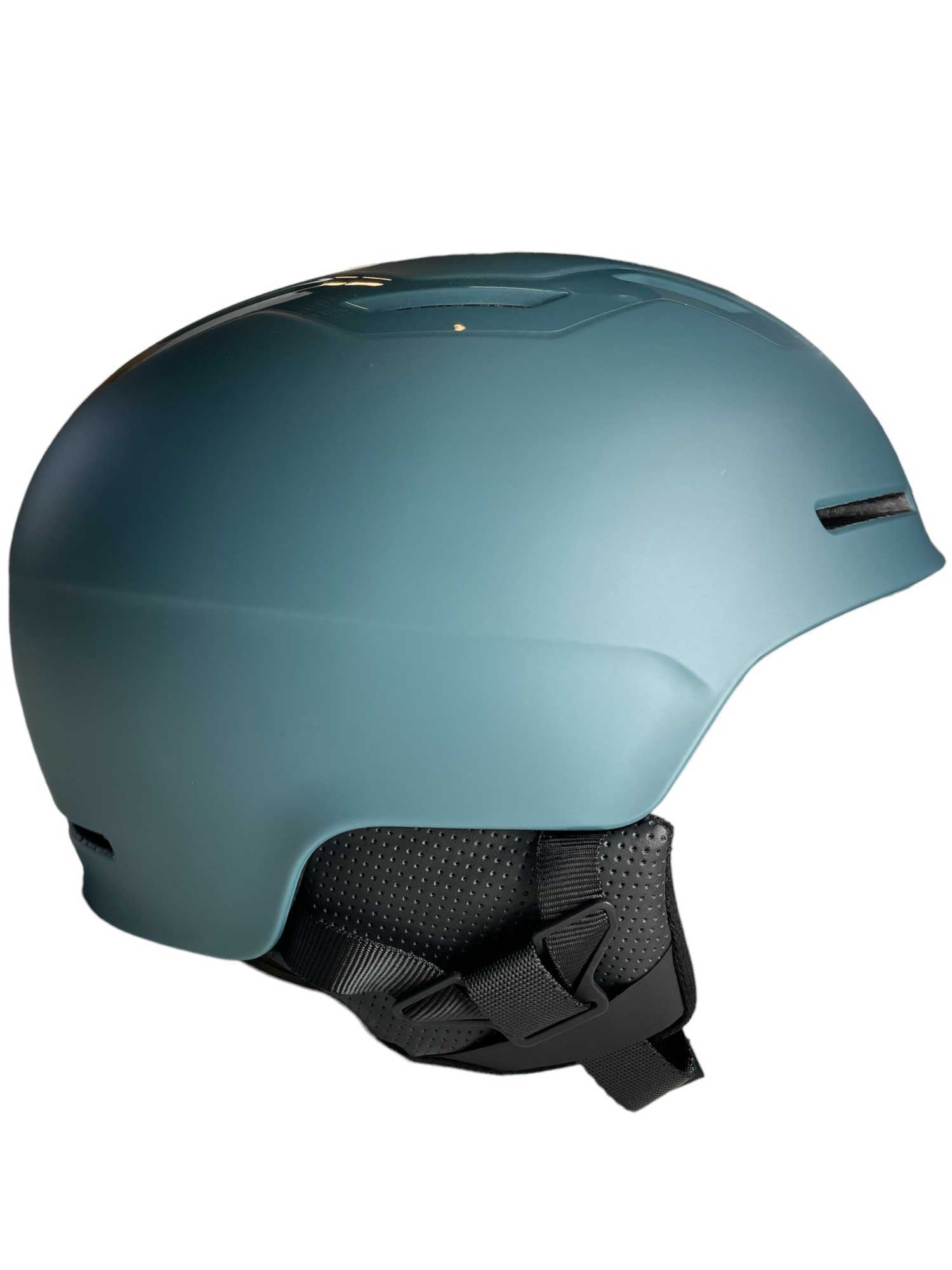 Bicycle MIPS helmet, matte teal shell with black chin strap and side vent