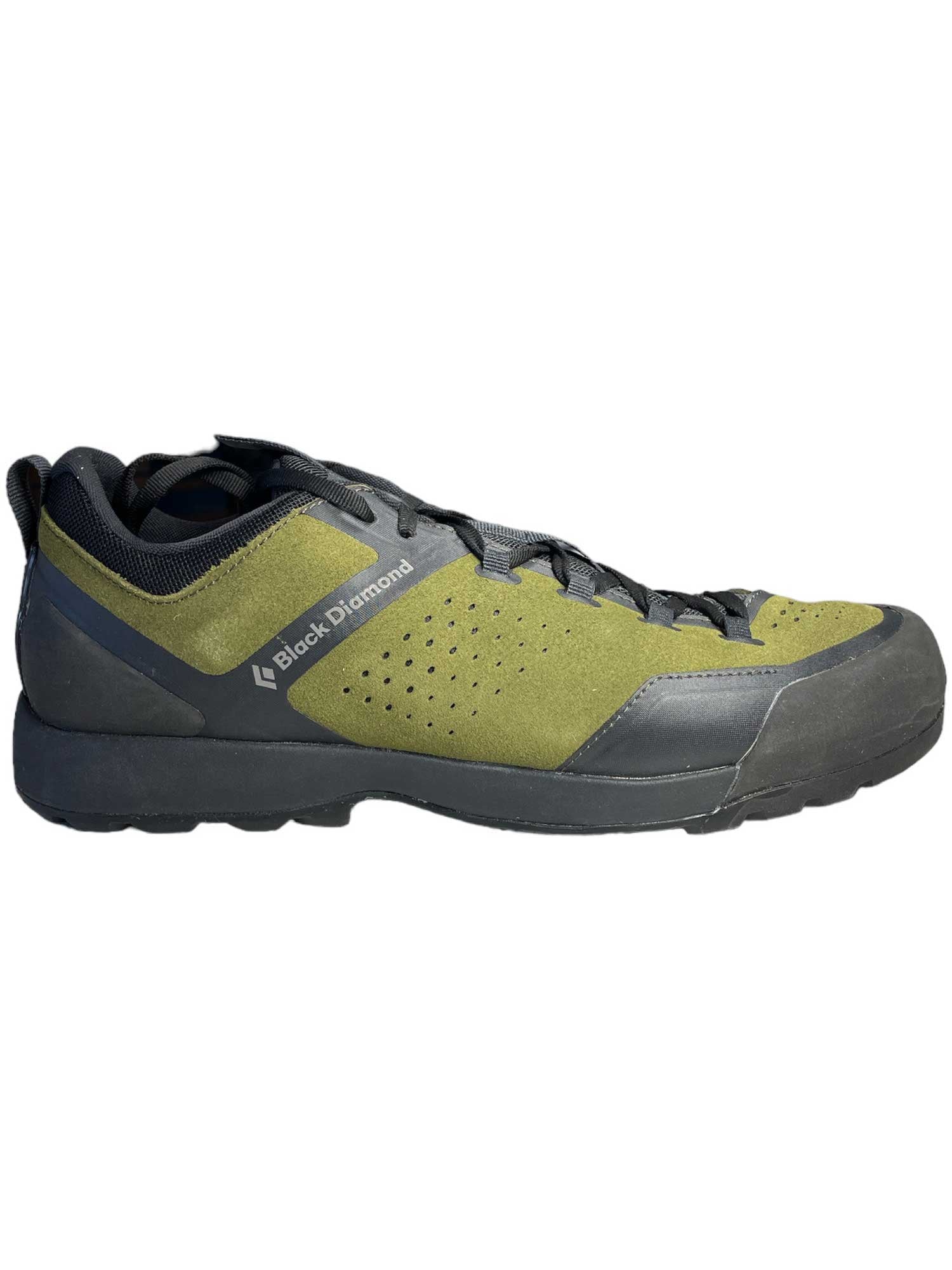 The Black Diamond Men's Mission XP Leather Shoe is a green and black low-profile hiking shoe with laces, perforated side panel, reinforced toe and heel, and the Black Diamond logo.