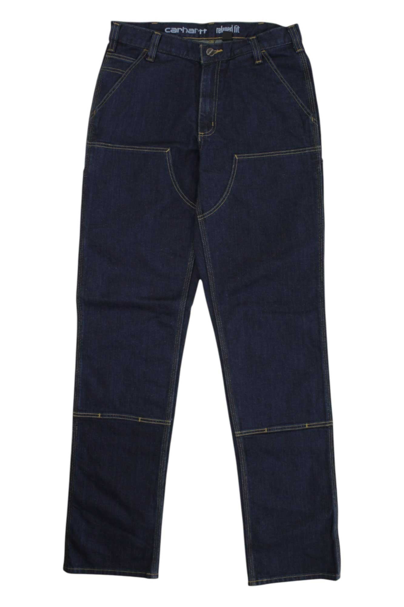 Carhartt Men's Rugged Flex Relaxed Double Front Jeans in dark blue feature yellow stitching, double front detailing, straight legs, and both front and back pockets for a relaxed fit.