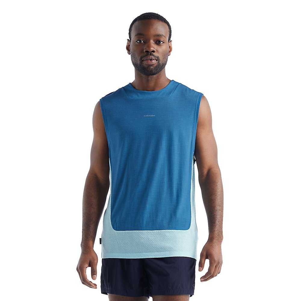 Men's blue knit tank top, sleeveless crew neck with white hem trim