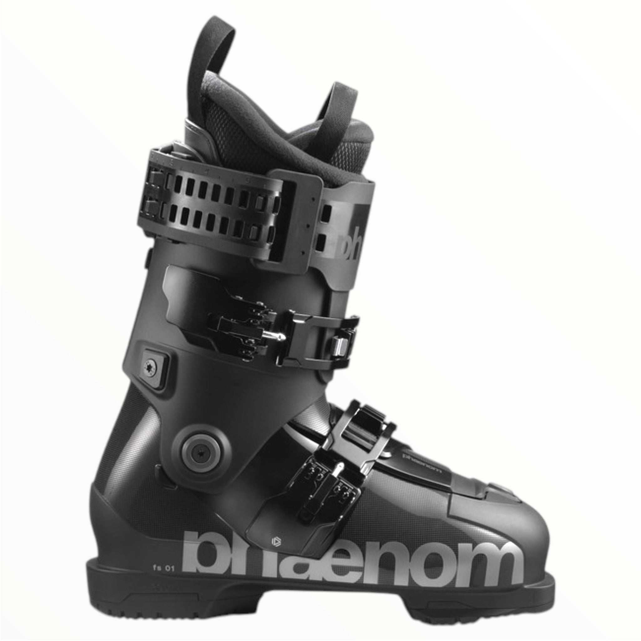 The Phaenom FS 01 80 A Ski Boot by Phaenom is a black all-mountain boot with multiple adjustable buckles, padded interior, and sturdy design for protection and support—ideal for intermediate skiers. "Phaenom" appears in large white letters along the side.