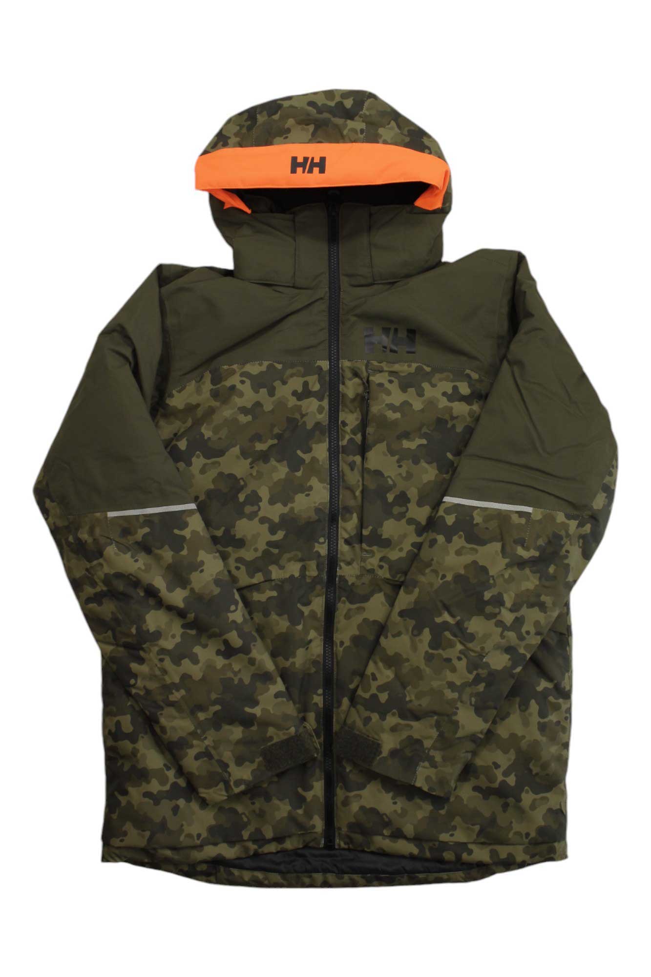 The Helly Hansen Juniors' Summit Jacket features a camo pattern, orange hood accent, and HH logos on the chest and hood. Displayed flat on a white background, it's an insulated kids ski jacket ideal for winter outdoor adventures.