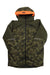 The Helly Hansen Juniors' Summit Jacket features a camo pattern, orange hood accent, and HH logos on the chest and hood. Displayed flat on a white background, it's an insulated kids ski jacket ideal for winter outdoor adventures.