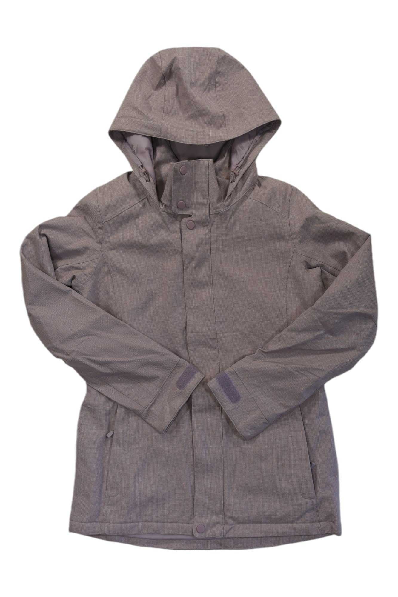 The Burton Womens Jet Set Jacket, shown in gray, features a hood, long sleeves, snap buttons, and side pockets. This lightweight snowsports jacket is made from recycled materials for casual comfort and sustainability.