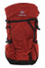Red fabric backpack with black side straps and top logo patch