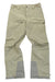 The Houdini Womens Purpose Pant, beige outdoor pants made from recycled materials with reinforced gray fabric at the lower legs and multiple zippered pockets, is displayed flat on a white background.