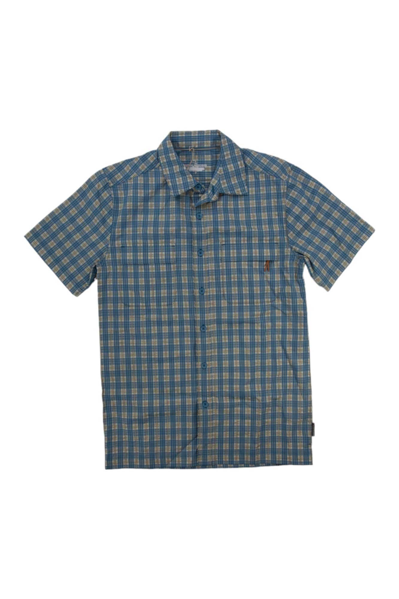 Men's short-sleeve plaid button-up shirt, blue and green checks