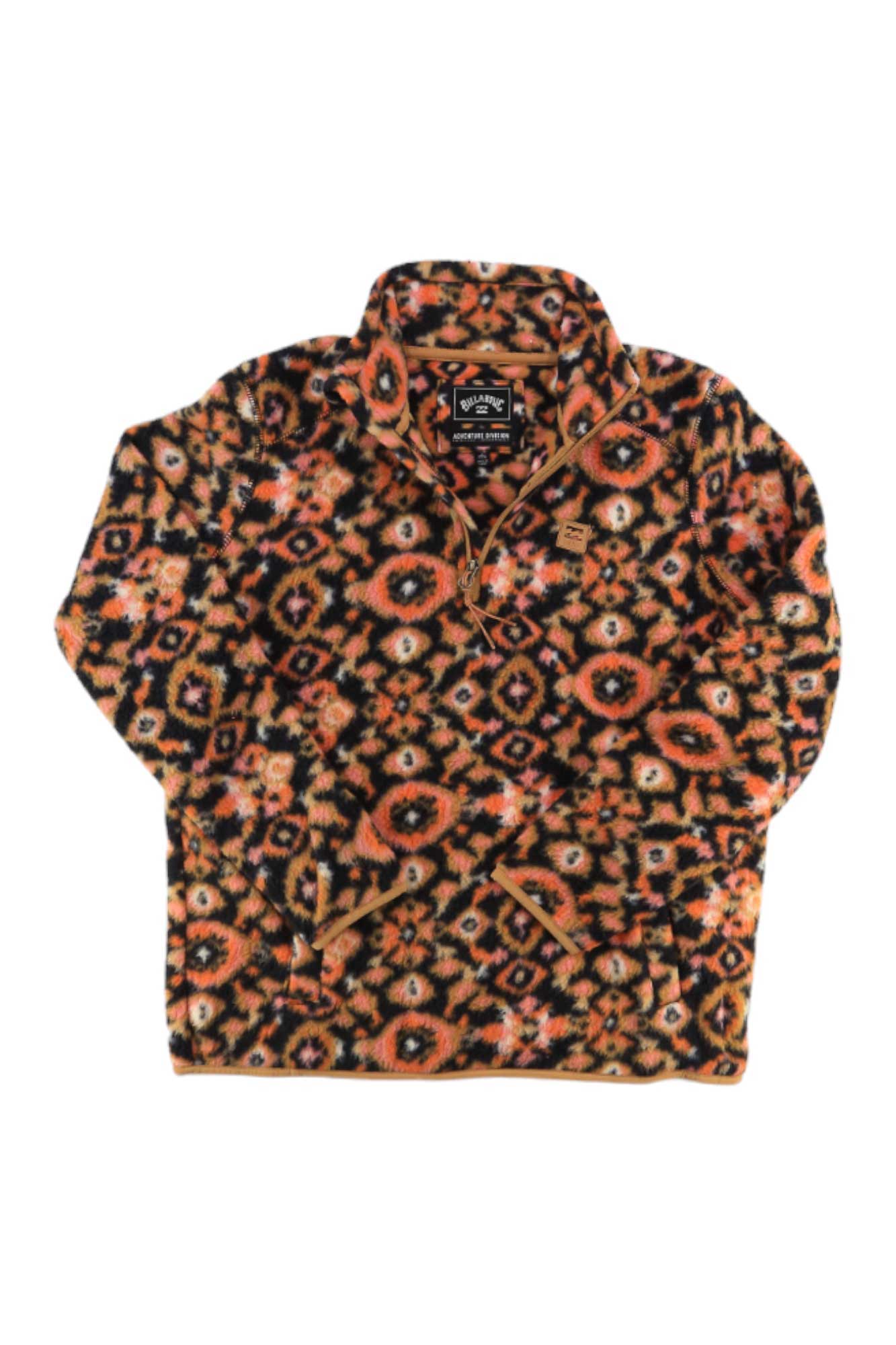 The Billabong Womens Boundary Mock 3 Jacket is a long-sleeve pullover fleece with an orange, black, and beige geometric and floral pattern, plus a stand-up collar and buttoned placket.