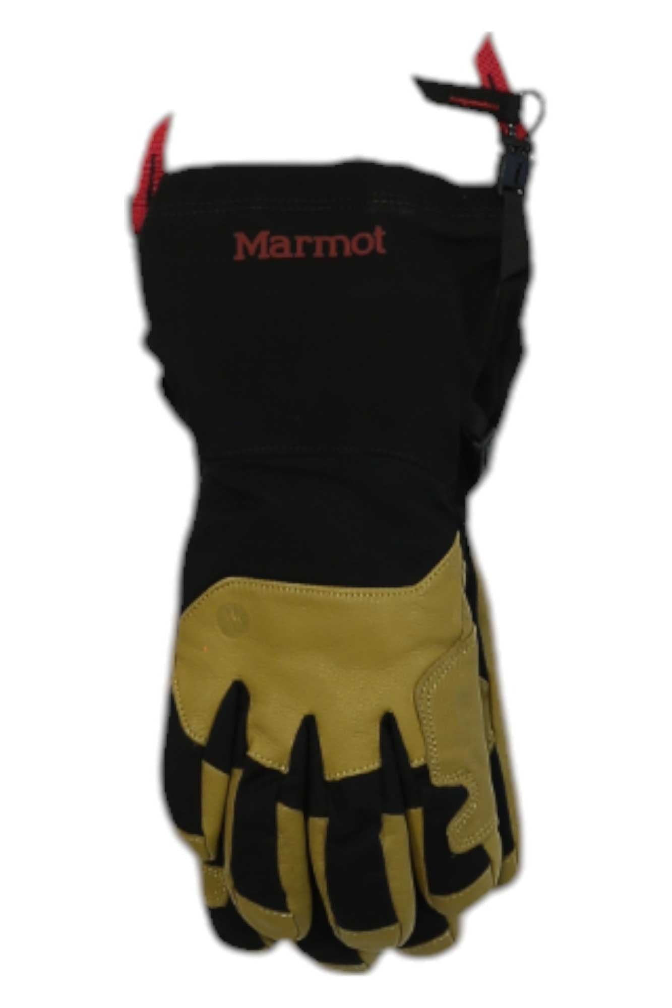 The Marmot Exum Guide Glove, shown in black and tan with reinforced fingers and a red logo, is a men's insulated outdoor glove made for durability in tough conditions.