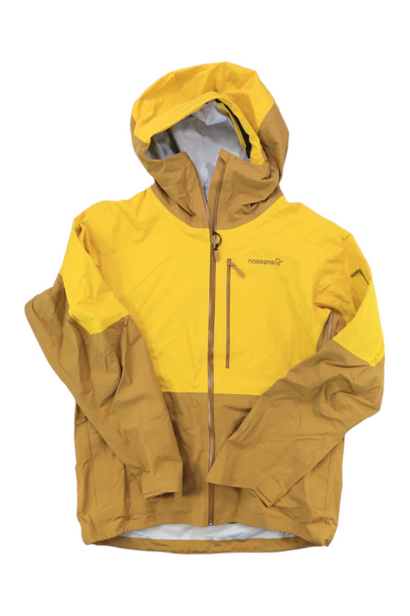 The Norrona Mens Lofoten GTX Jacket in yellow and tan features a breathable, waterproof hood, front zipper, chest pocket, and long sleeves, shown laid flat on a white background.