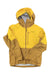 The Norrona Mens Lofoten GTX Jacket in yellow and tan features a breathable, waterproof hood, front zipper, chest pocket, and long sleeves, shown laid flat on a white background.