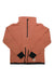 The Outdoor Research Womens Trail Mix Quarter Zip Pullover in rust has long sleeves, a high collar, partial front zipper, black cuffs and hem accents, moisture-wicking finish, and a small white patch by the bottom hem.