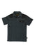 The Howler Brothers Mens Ranchero Polo is a dark gray, short-sleeve shirt with black shoulder panels, a button placket, and a black chest pocket featuring a button and label. Its vintage-inspired style offers a casual look.