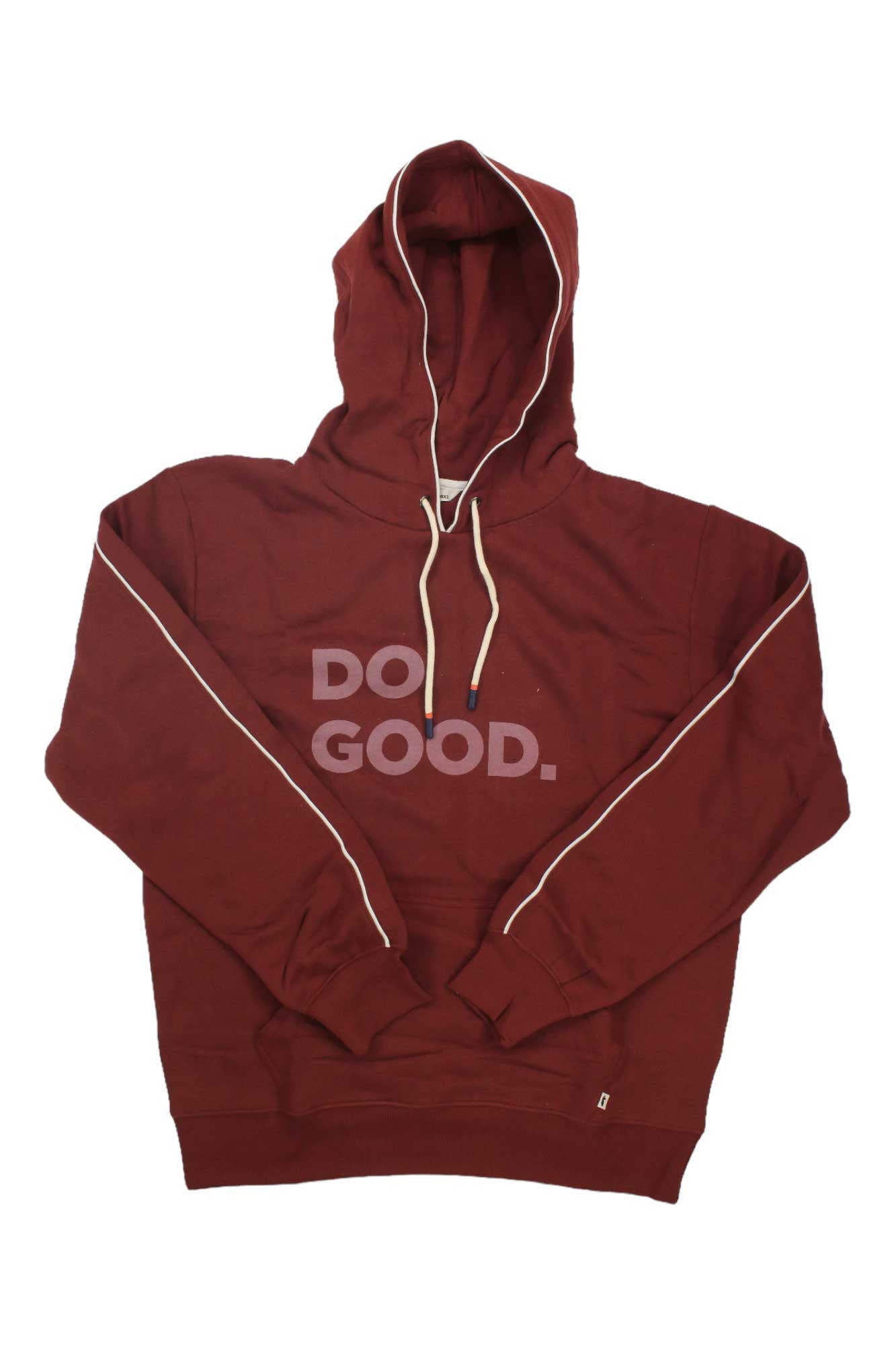 The Cotopaxi Mens Do Good Hoodie is a maroon, organic cotton sweatshirt with a hood, white drawstrings, bold light pink "DO GOOD." print on the front, and thin white piping along the sleeve seams for style.