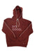 The Cotopaxi Mens Do Good Hoodie is a maroon, organic cotton sweatshirt with a hood, white drawstrings, bold light pink "DO GOOD." print on the front, and thin white piping along the sleeve seams for style.