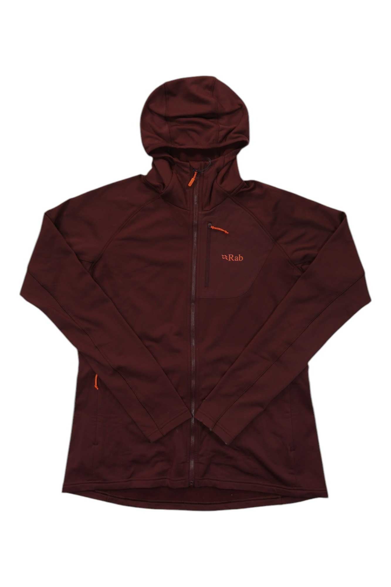 The Rab Womens Superflux Hoody is a maroon fleece jacket with a front zipper, chest pocket, Rab logo on the left chest, long sleeves, and two side pockets with orange zippers—ideal for outdoor adventures.