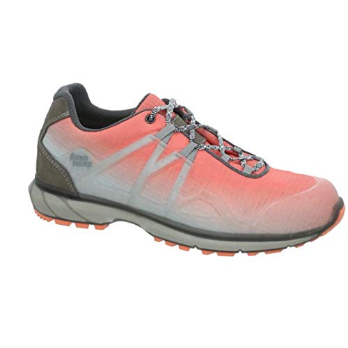 The Hanwag Calpa Tubetec Lady GTX Women's Hiking Shoe features a low-cut design in coral pink and gray, with dark heel and collar accents, a black sole, grippy textured outsole, and stylish gray and pink laces.