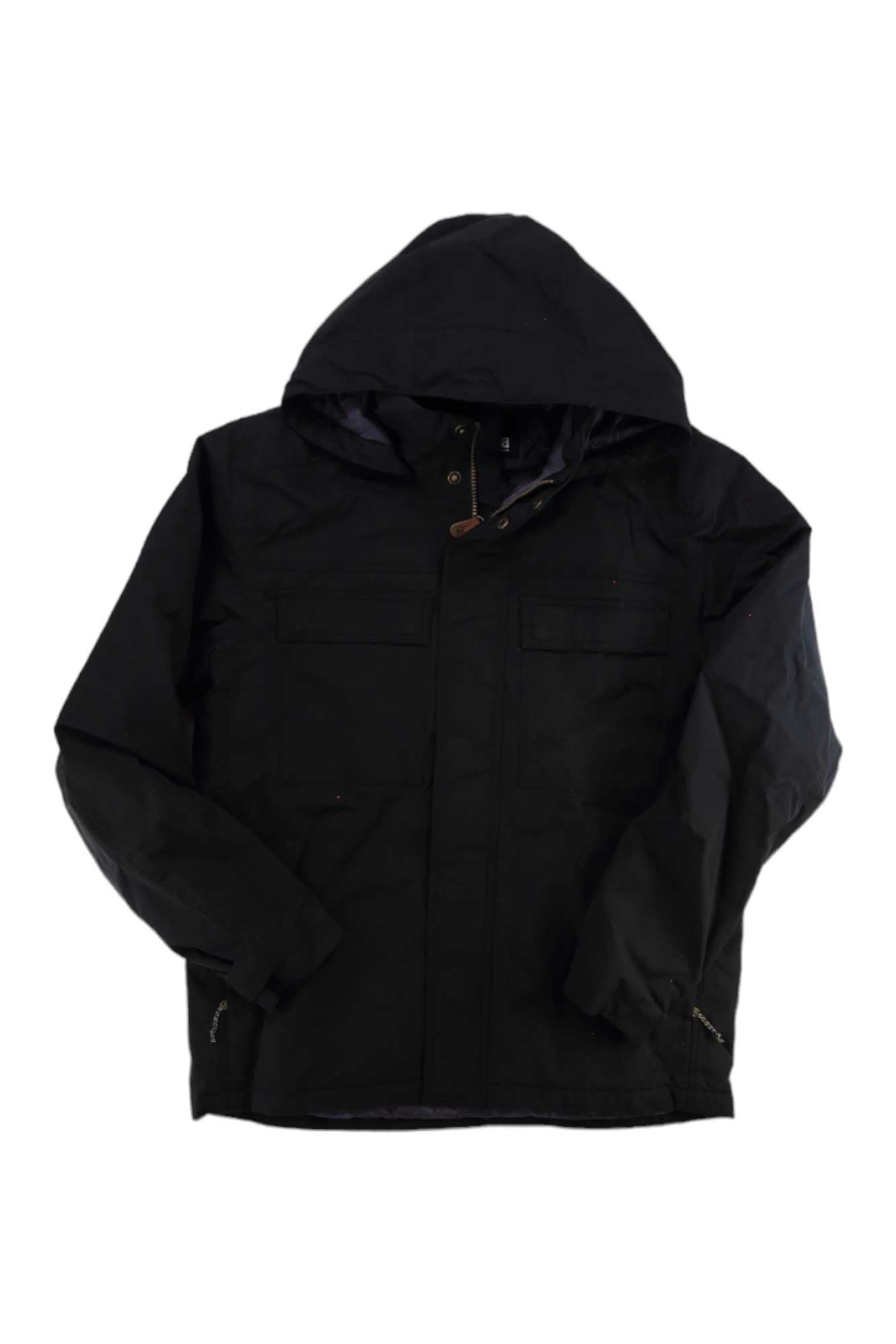 The Sherpa Mens Tsering Jacket is a black waterproof jacket with a hood, front zipper, and two chest pockets, shown flat on a white background.