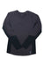 The Rab Womens Syncrino Base LS Tee is a long-sleeve, dark crewneck base layer for women with quick-drying fabric, lighter merino wool at the upper chest, and darker panels on the sides and lower sleeves, shown laid flat on a white background.