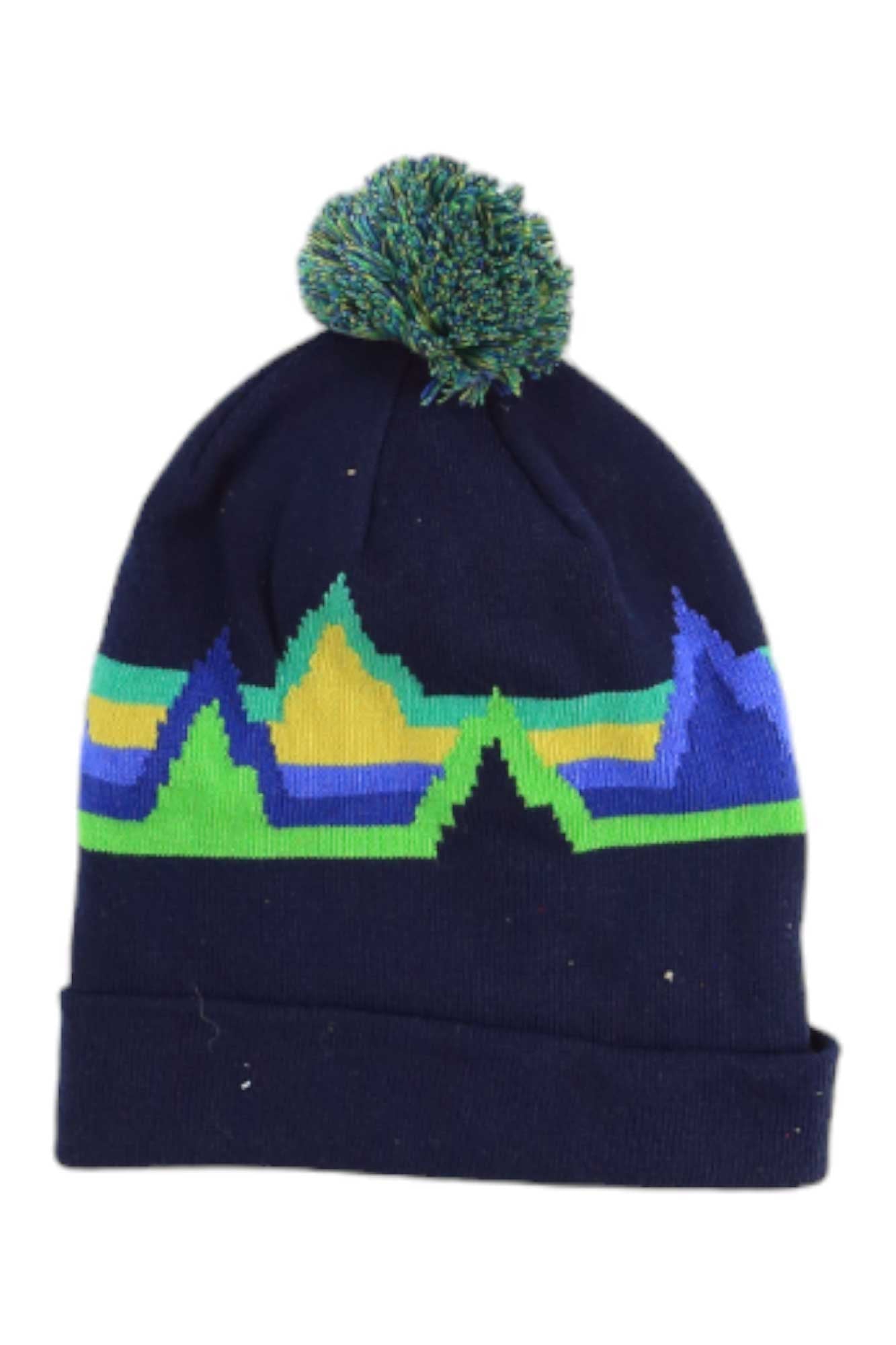 The Burton Kids Recycled Echo Lake Beanie is a navy blue winter hat featuring green, yellow, and blue geometric mountain patterns plus a multicolored pom-pom—perfect for keeping kids cozy.