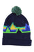 The Burton Kids Recycled Echo Lake Beanie is a navy blue winter hat featuring green, yellow, and blue geometric mountain patterns plus a multicolored pom-pom—perfect for keeping kids cozy.