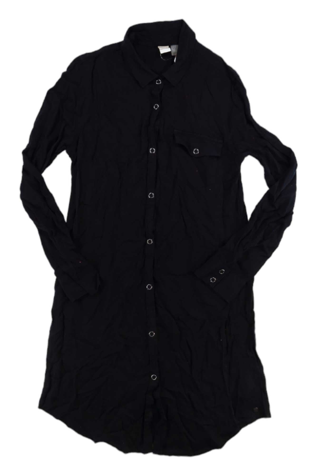 Black long-sleeve shirt dress with button front, pointed collar, and chest pocket