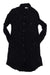 Black long-sleeve shirt dress with button front, pointed collar, and chest pocket