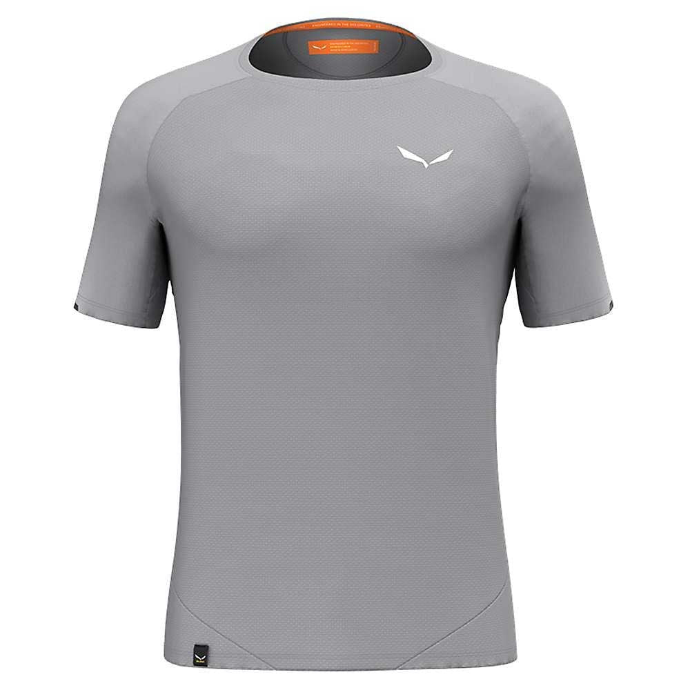 Men's athletic T-shirt in light gray, short sleeves, small white chest logo, fitted athletic look
