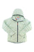 The Mammut Womens Broad Peak IN Hooded Jacket is a lightweight, insulated light green jacket with a quilted hood, front zipper, two zippered pockets, diagonal stitching, black-trimmed zippers, and small logos on the chest and upper sleeve.