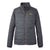 Women's gunmetal gray puffer jacket with full-length front zipper and chest logo