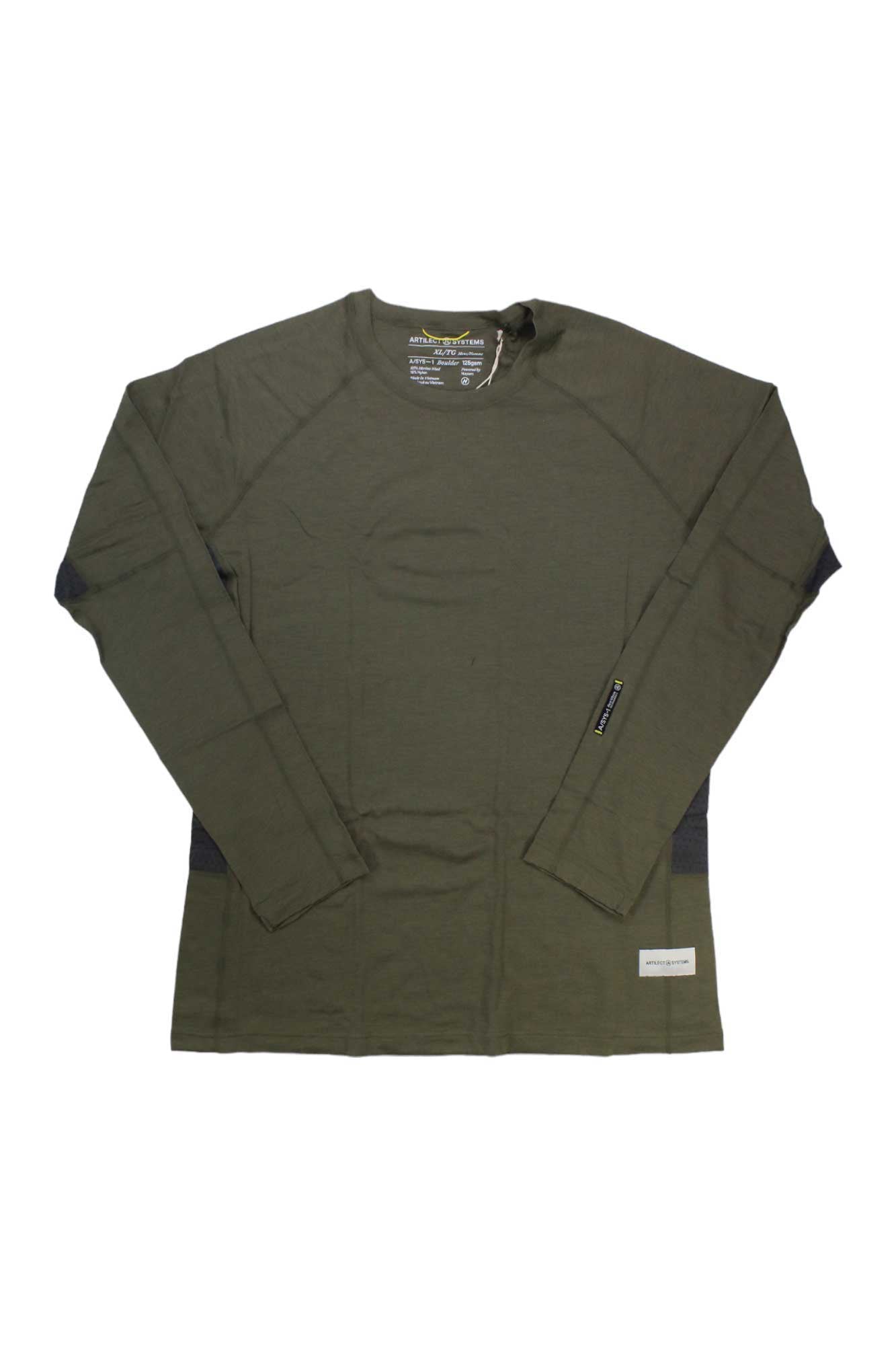 Artilect Mens Boulder 125 LS Crew Tee in olive green, shown laid flat on white. Features a crew neckline and a small rectangular tag by the bottom hem—ideal for multisport adventures.