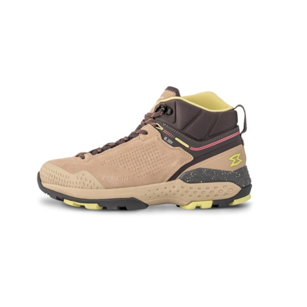 The Garmont Women's Groove Mid G Dry Hiking Shoe Beige features a beige and brown suede/synthetic upper, yellow accents, textured sole, lace-up front, heel logo, and offers style and comfort for every trail.