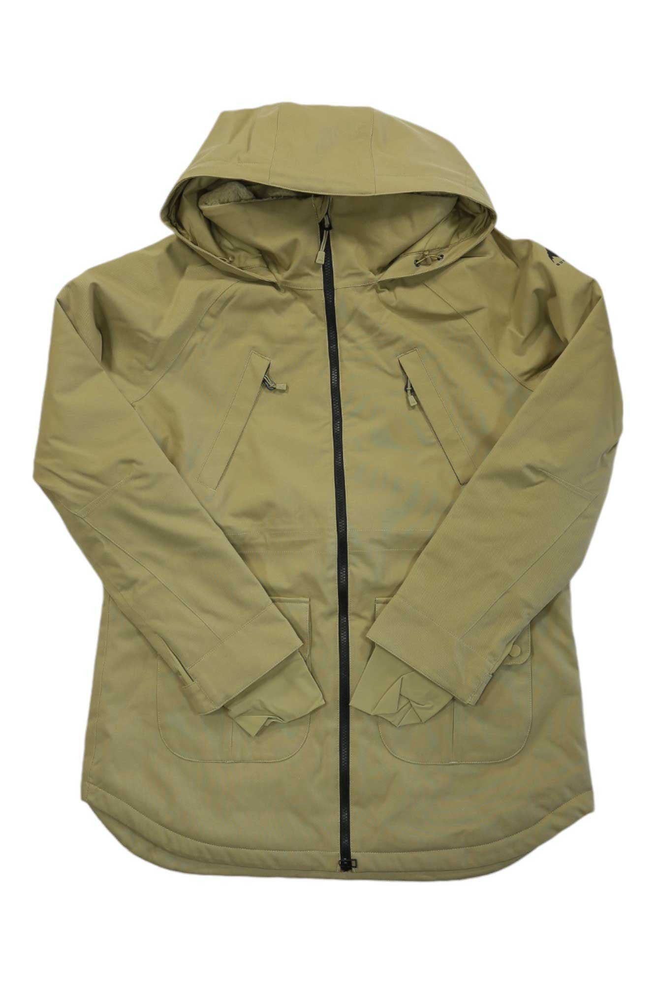 The Burton Womens Prowess Jacket by Burton is a khaki, waterproof hooded jacket featuring a front zipper, two zippered chest pockets, and flap front pockets. Shown laid flat on a white background, this jacket is designed to keep you dry in unpredictable weather.