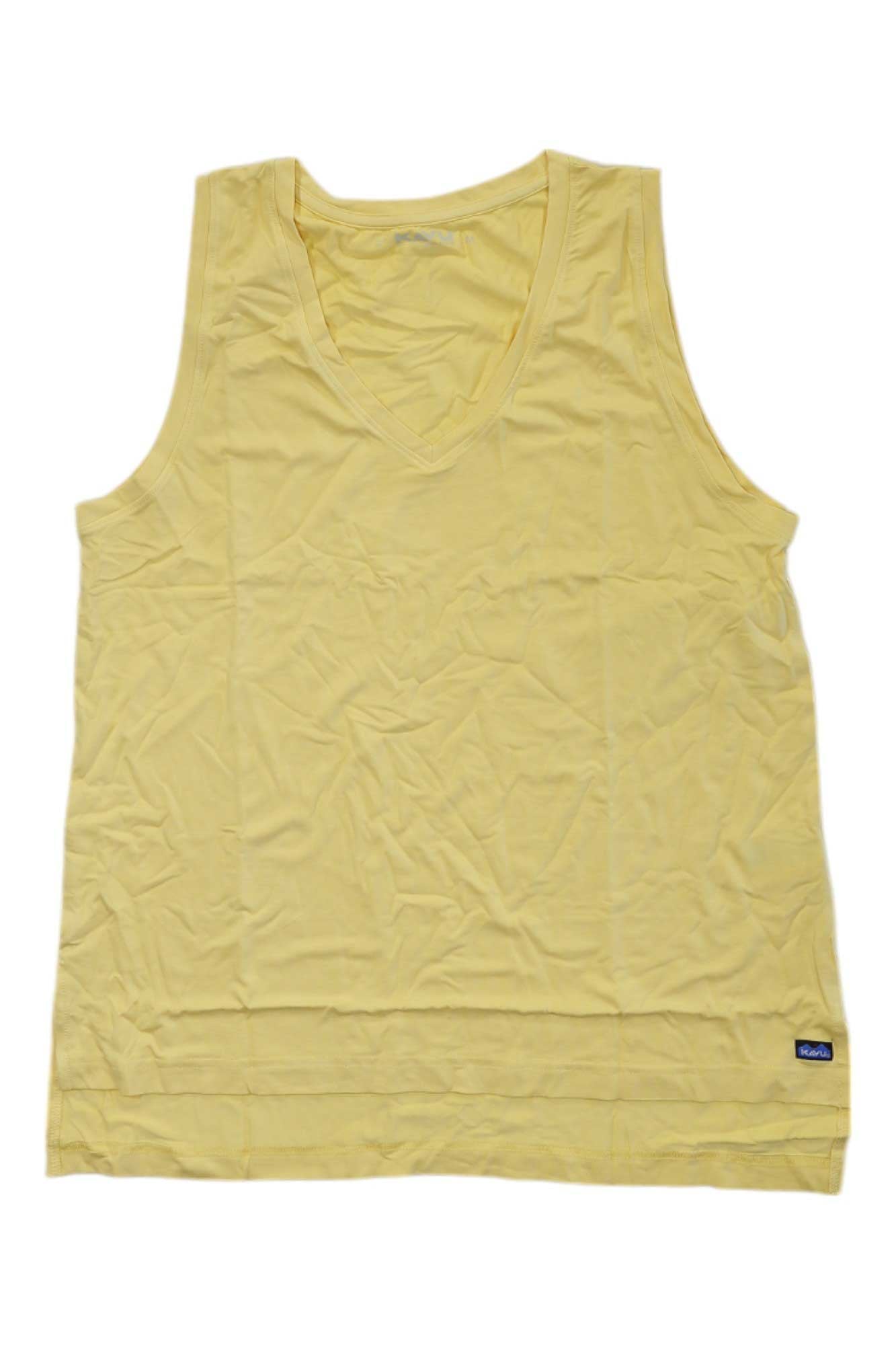 Women's sleeveless scoop-neck top, vanilla yellow, subtle stitched pattern at front hem