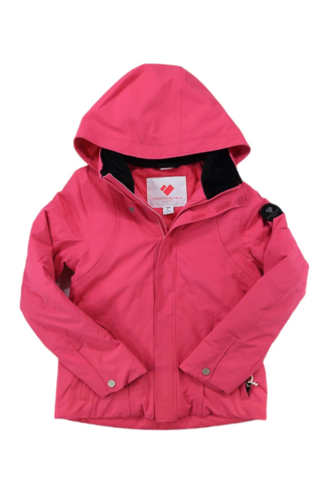 A vibrant pink Obermeyer Girls Rylee Jacket with a front zipper, black lining, snap cuffs, and a logo tag at the collar is shown laid flat with crossed sleeves.