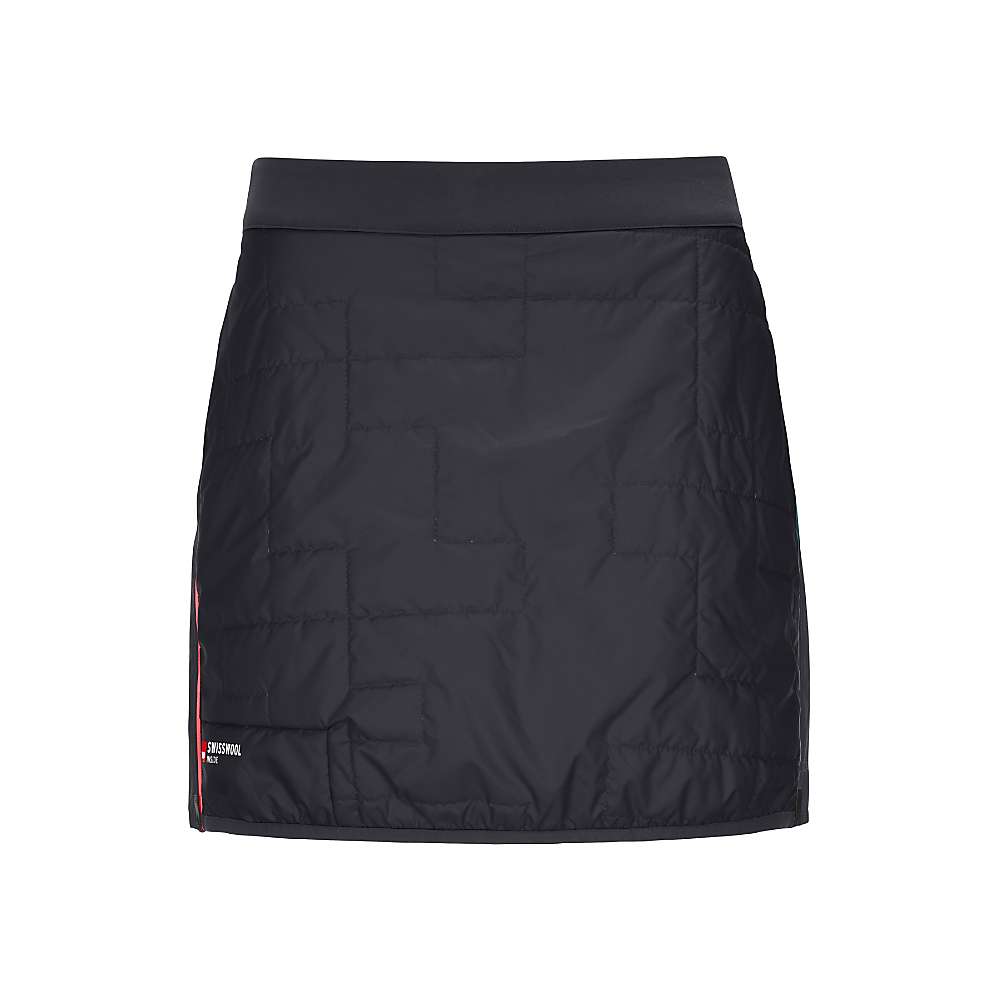 The Ortovox Womens Swisswool Piz Boe Skirt is a black quilted, breathable wool skirt with a straight fit, wide waistband, stitched square patterns, small logo tag, and sporty insulated style for sustainable outdoor adventures.