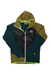 Men's Col Becchei hooded jacket: dark teal, olive panels, neon trim, full front zip.