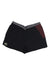 The Ortovox Women's Piz Selva Short features black, moisture-wicking fabric, a gray waistband, burgundy side accent, and a white logo on the lower left leg. Displayed on a white background.
