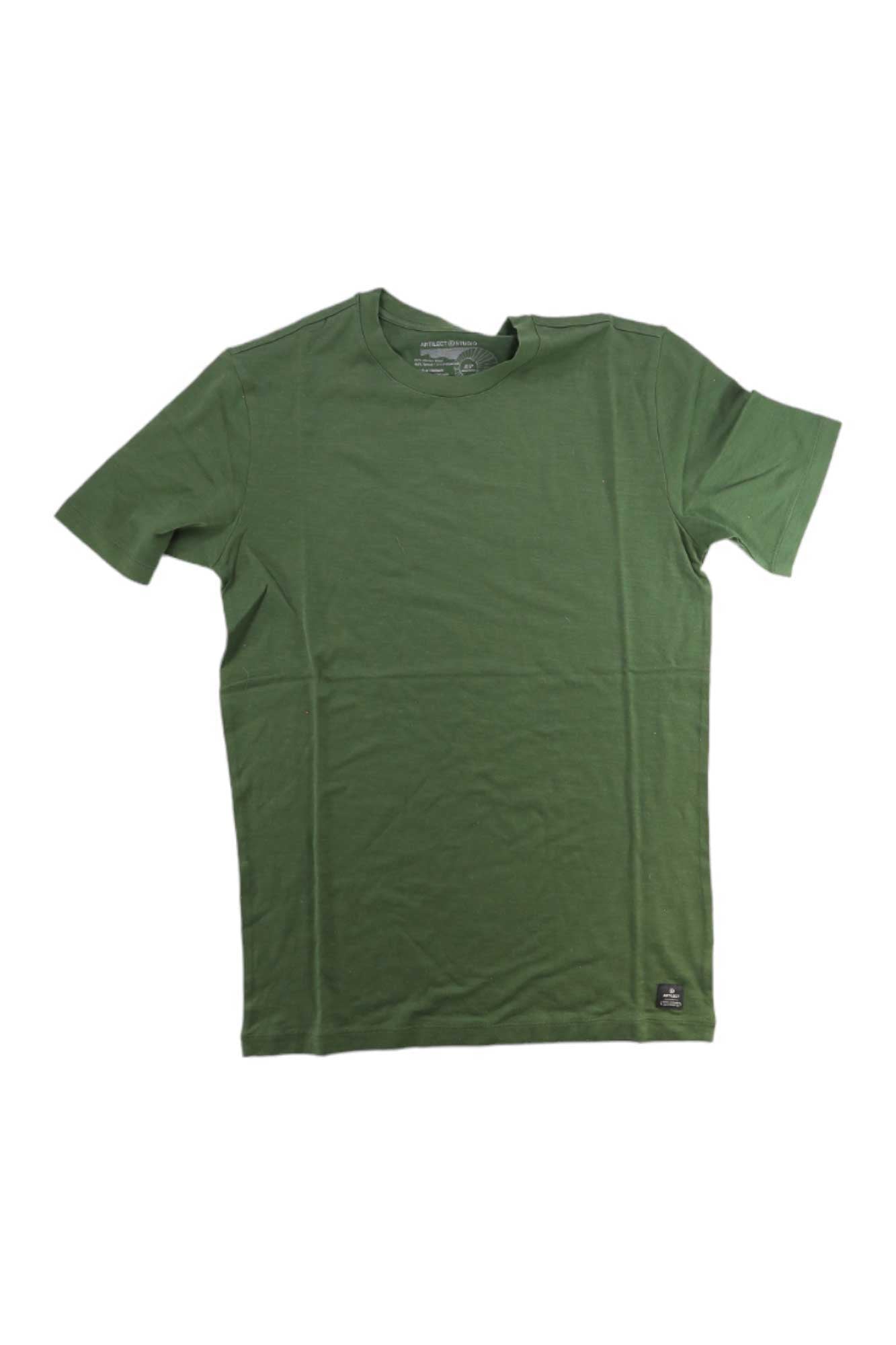 The Artilect Mens Utilitee T-Shirt, a plain short-sleeved olive green merino wool tee with a crew neckline and small black hem tag, is laid flat on a white background. It’s odor resistant and quick drying.