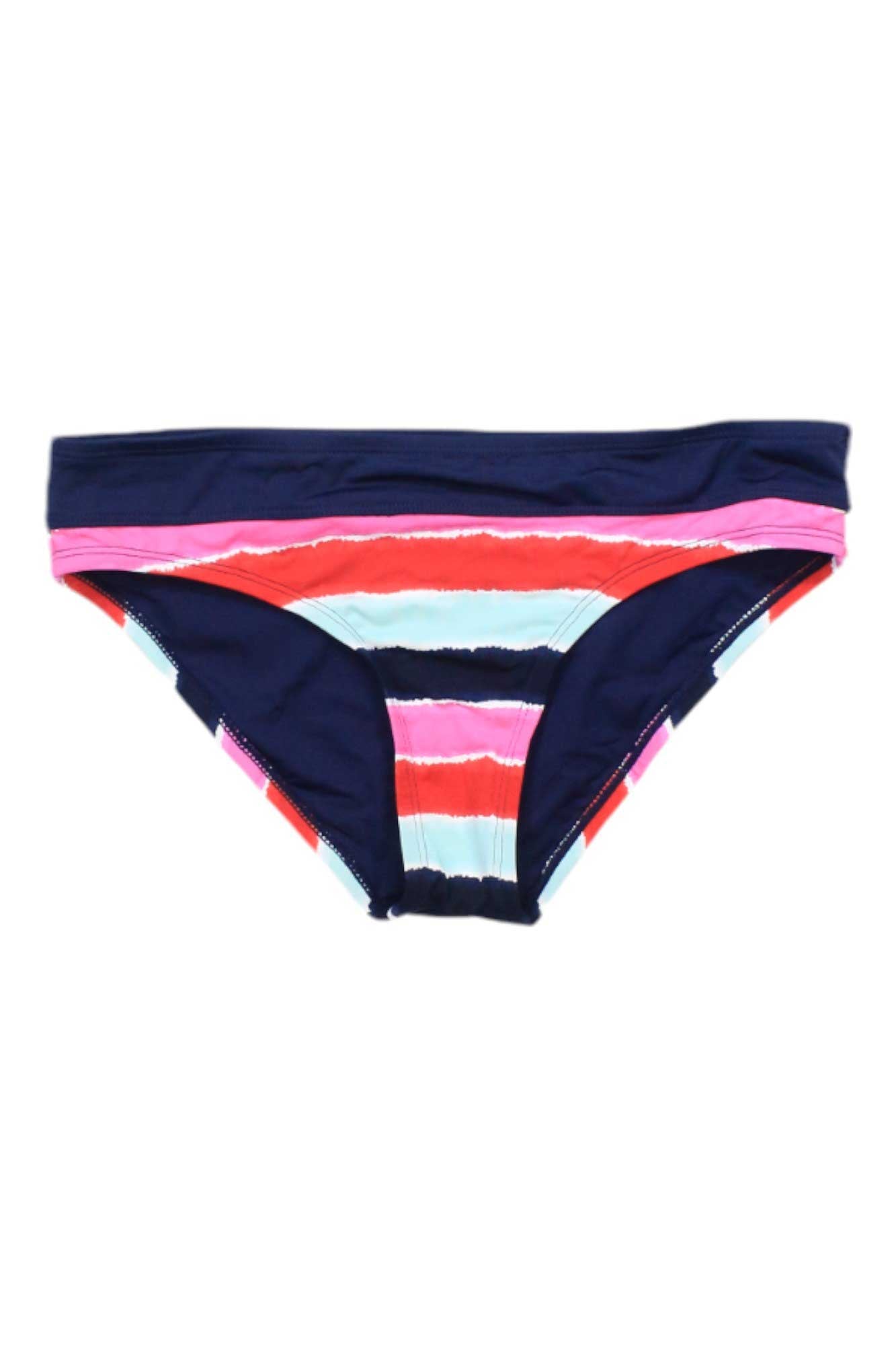 The Carve Designs Womens Stinson Bottom offers full coverage and style with horizontal navy, red, pink, white, and light blue stripes plus a dark blue waistband—ideal for chic sun-protective swimwear.