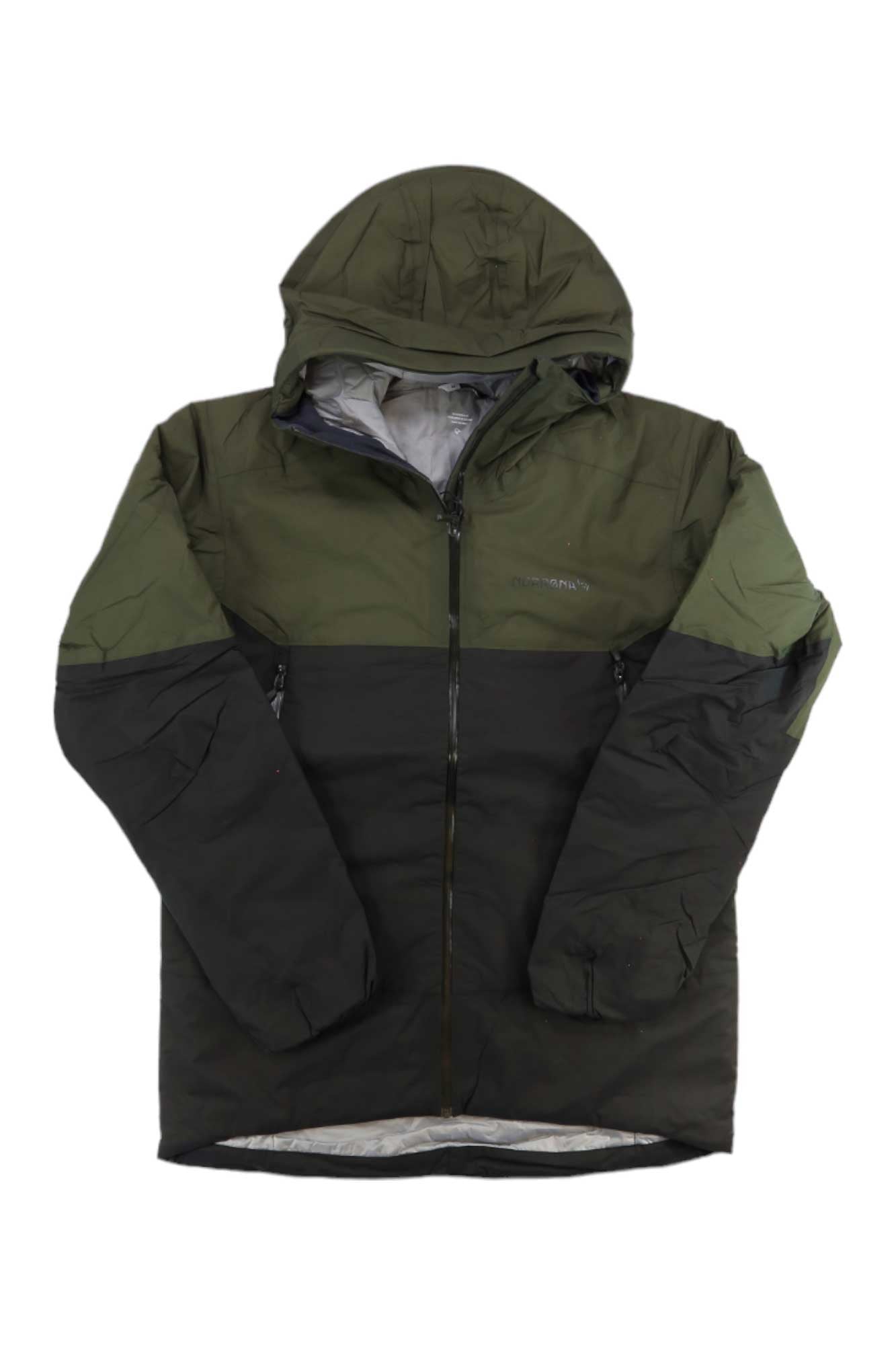 Norrona men's Lyngen Dri2 Thermo60 jacket, olive/black hooded full-zip with gray-lined hem