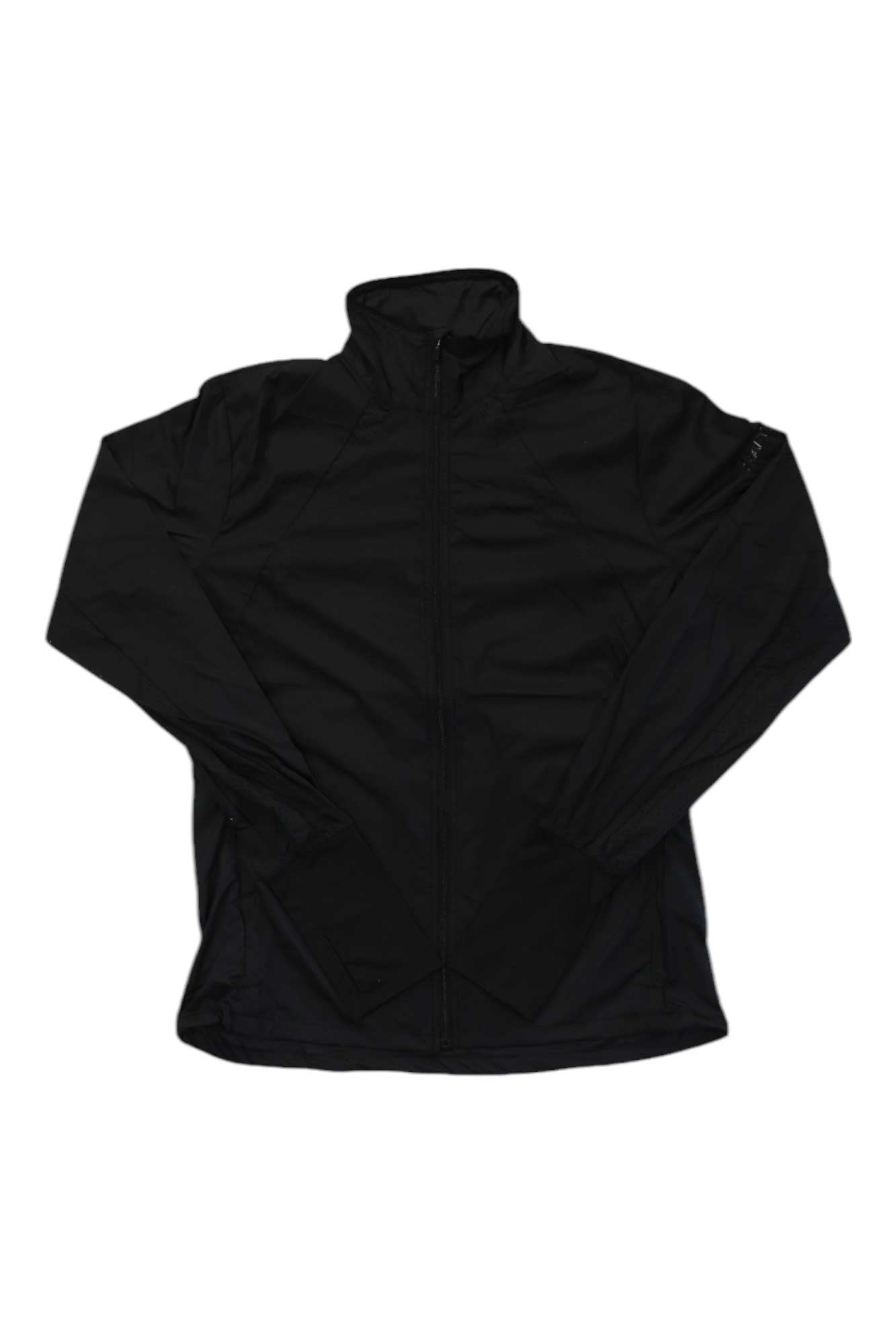 The Craft Sportswear Womens Adv Essence Wind Jacket is a plain black, long-sleeve, zip-up running jacket with a high collar, made from recycled polyester and shown laid flat on a white background.