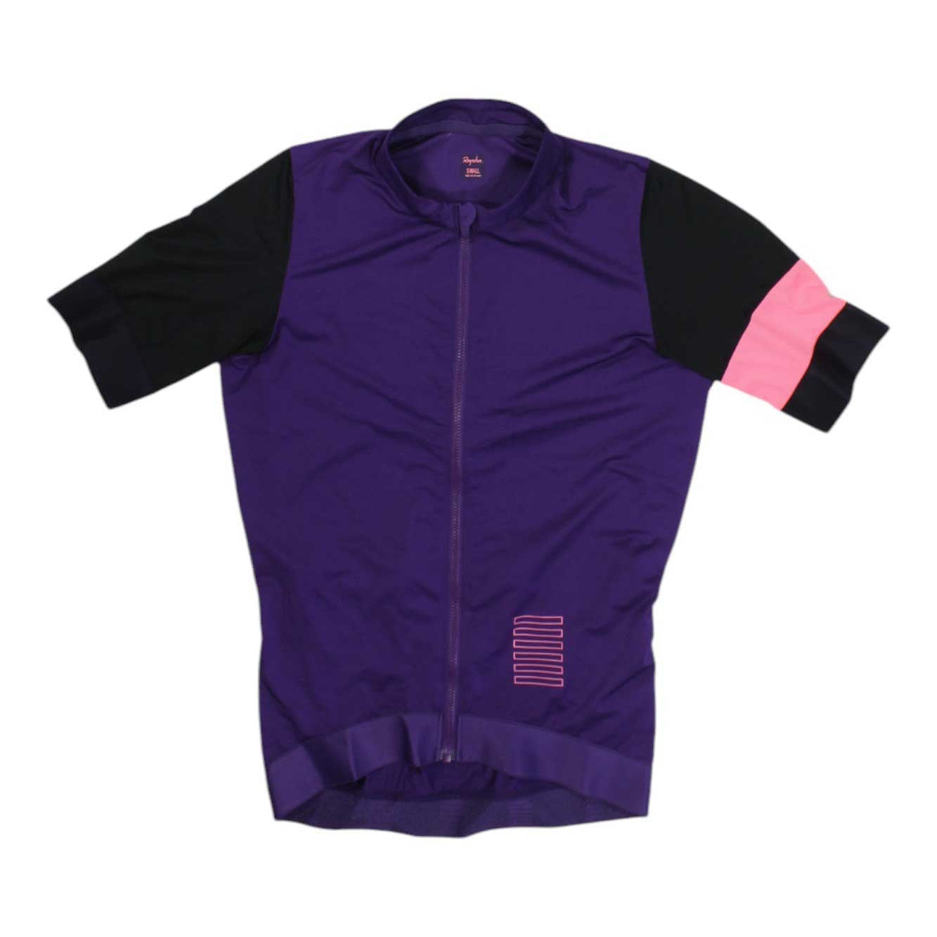Purple cycling training jersey with full zip, short sleeves, black sleeves and pink stripe