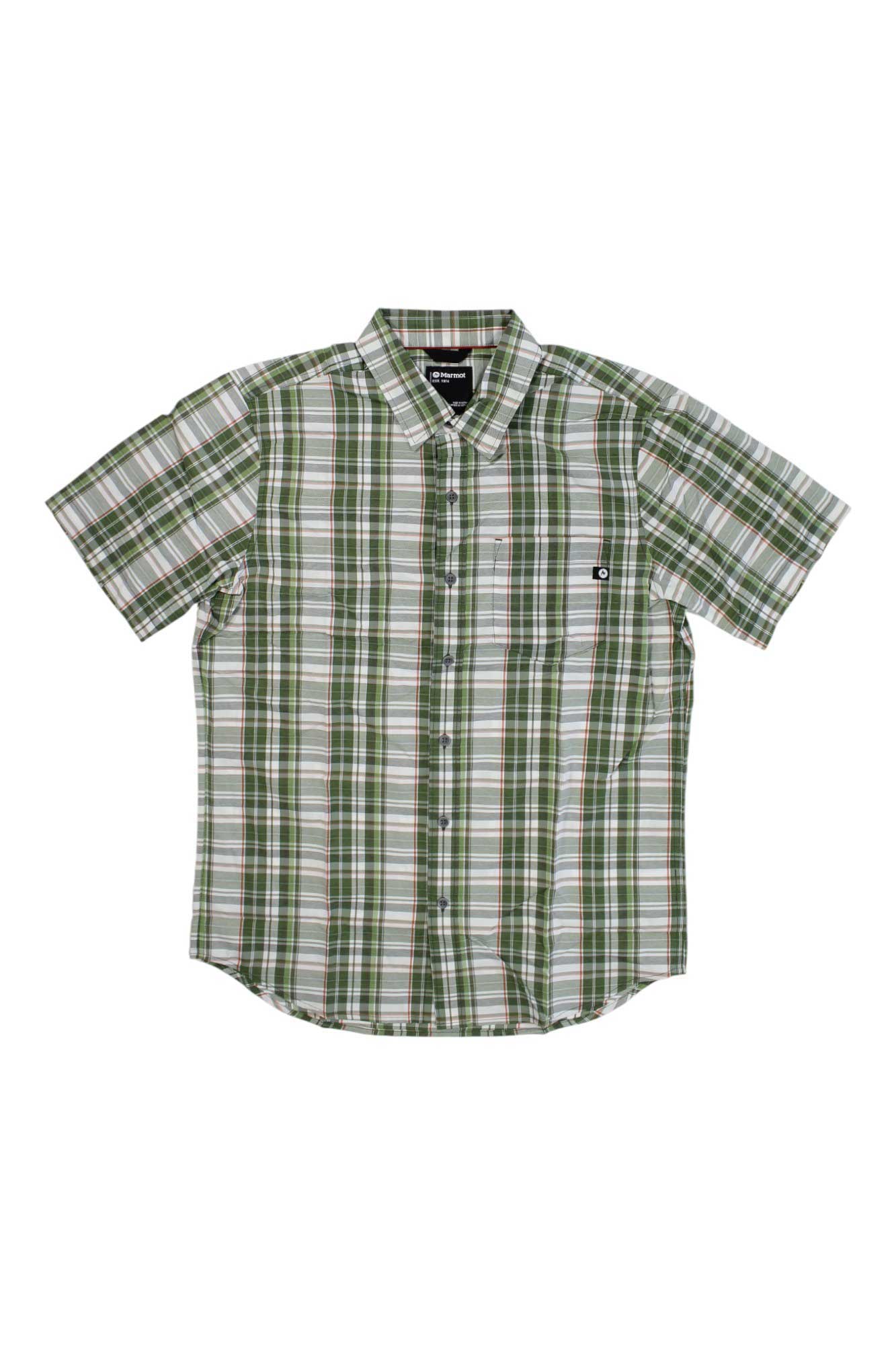 Men's short-sleeve plaid button-up shirt, green and white