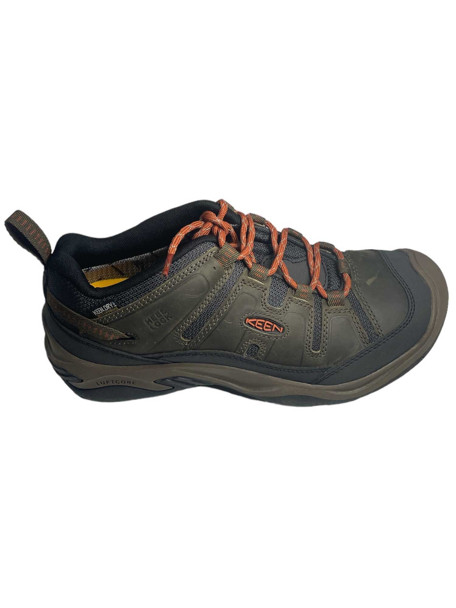 KEEN Circadia WP men's shoe, navy collar lining, orange laces, heel pull tab, grippy sole
