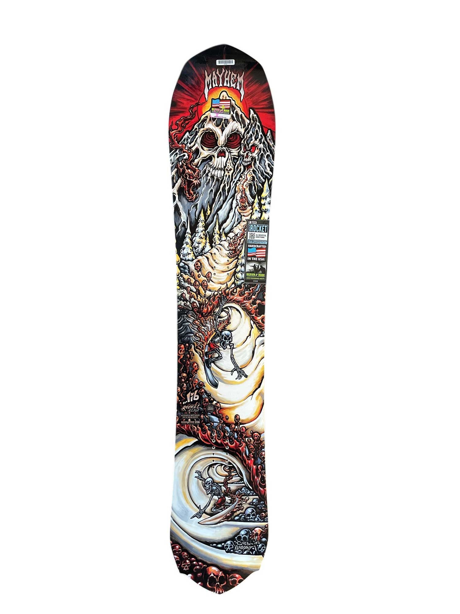Red and black illustrated snowboard with skull and rider graphic