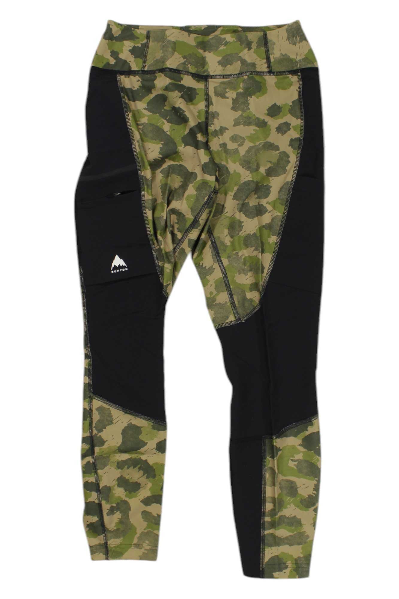 Women's utility leggings with green camo center and black side panels